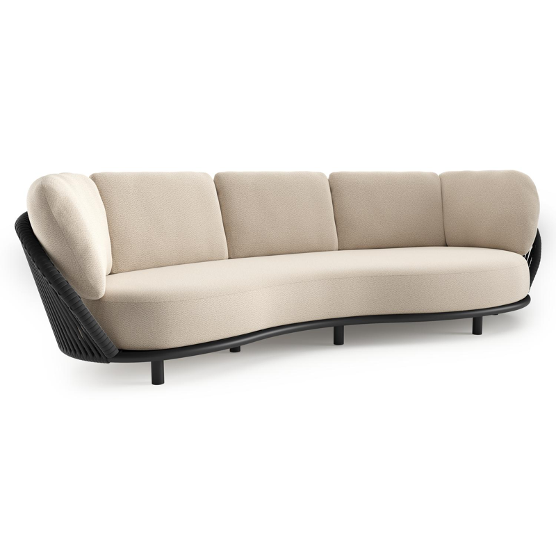 Lupino loungebank in zwart aluminium en zwart verticaal geweven luxe vlakke brede rope met lopi sand all weather sunbrella® luxe kussen