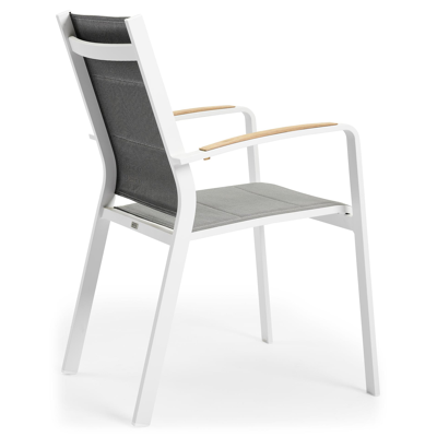 Lioni stapelbare tuinstoel in wit aluminium en grijs comfort textilene en teak armleuning