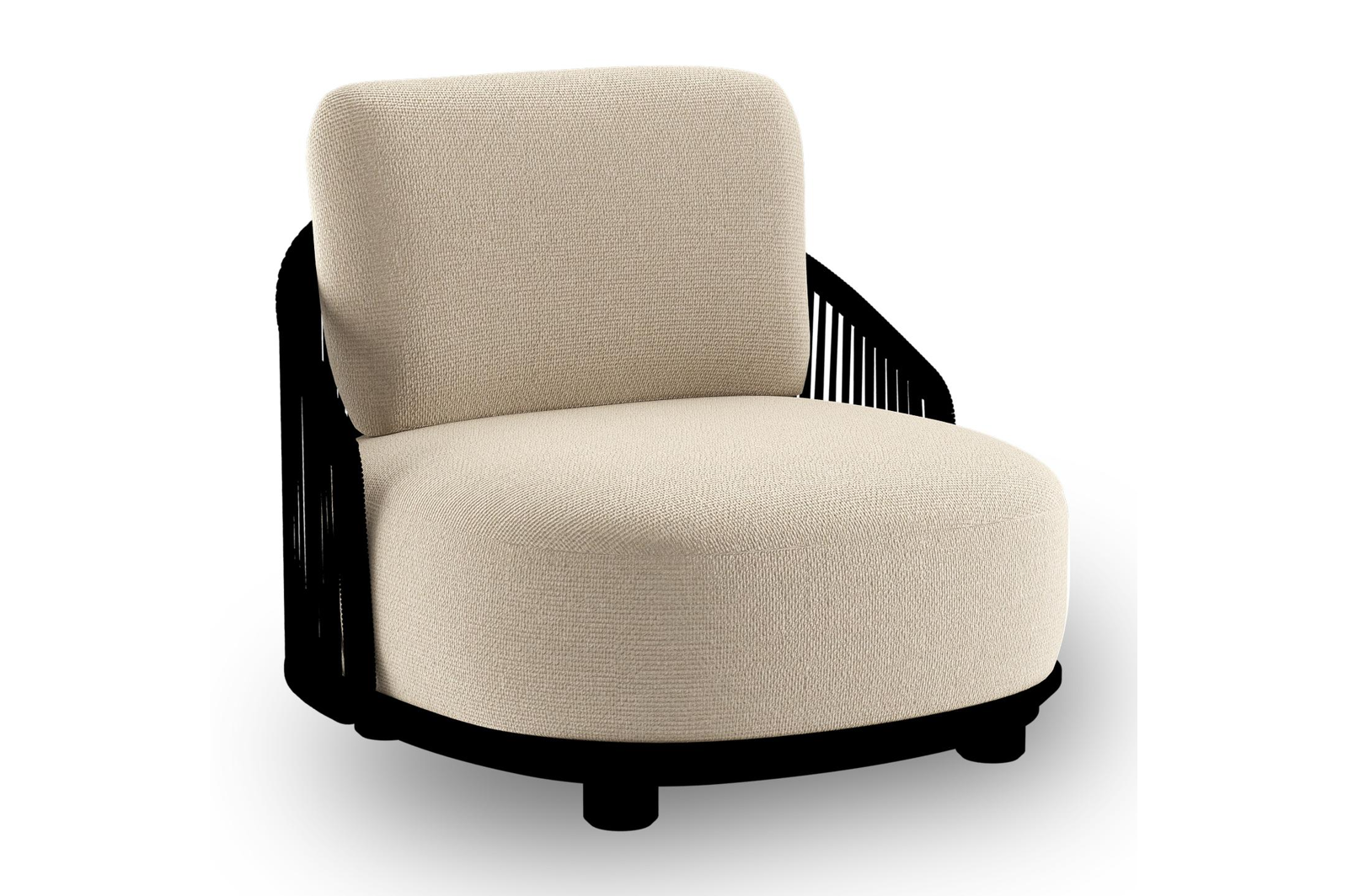 Fauteuil de jardin Vadelo en aluminium noir et corde ronde tissée verticalement noir et coussins en all weather cosytica althea chalk