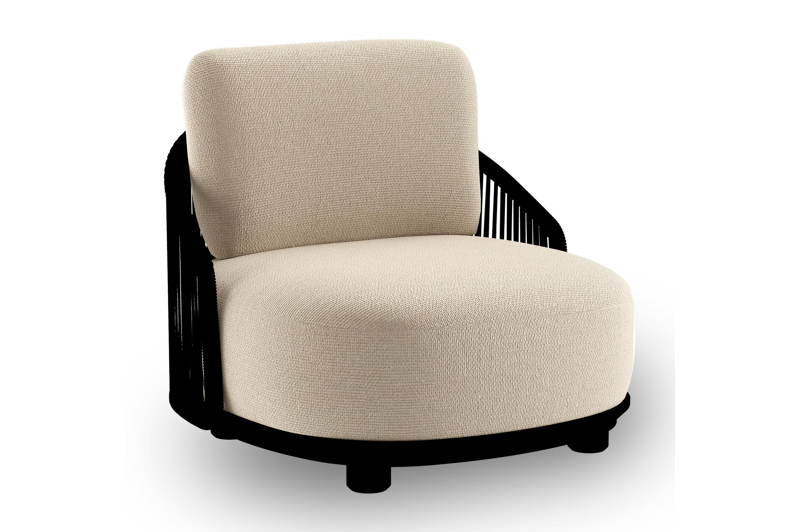 Vadelo loungestoel in zwart aluminium en zwart verticaal geweven ronde rope met althea chalk all weather cosytica kussen