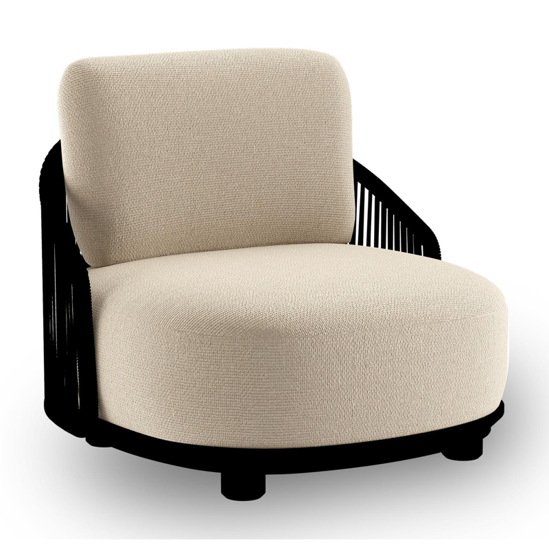 Fauteuil de jardin Vadelo en aluminium noir et corde ronde tissée verticalement noir et coussins en all weather cosytica althea chalk