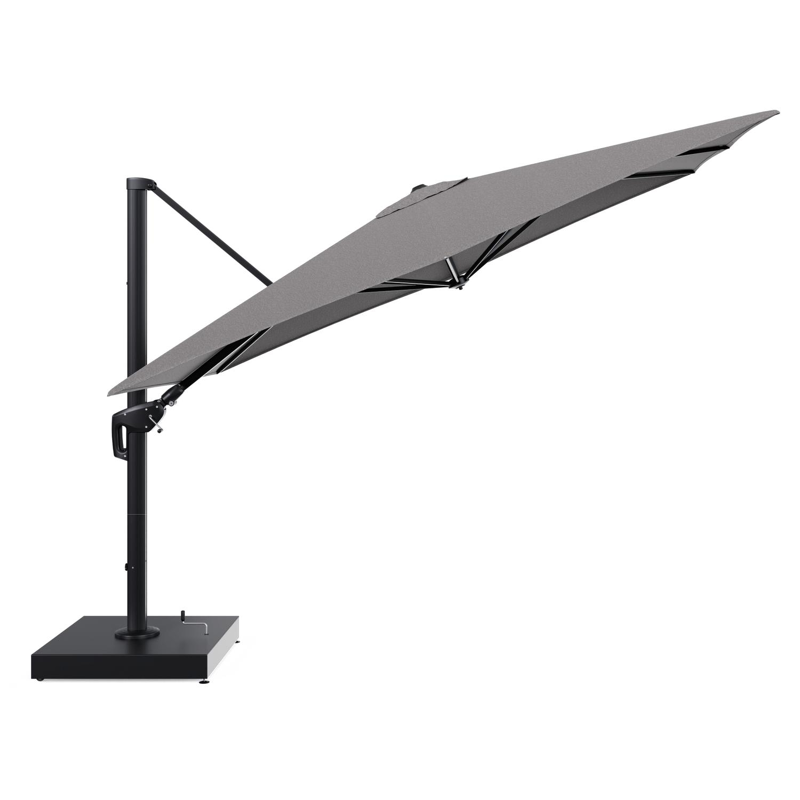 Minore zweefparasol met tiltfunctie in zwart aluminium en Chartres Drizzle All Weather Sunbrella® Luxe parasoldoek - L1 280 x L2: 370 cm met parasolvoet Minore 260 kg met wielen