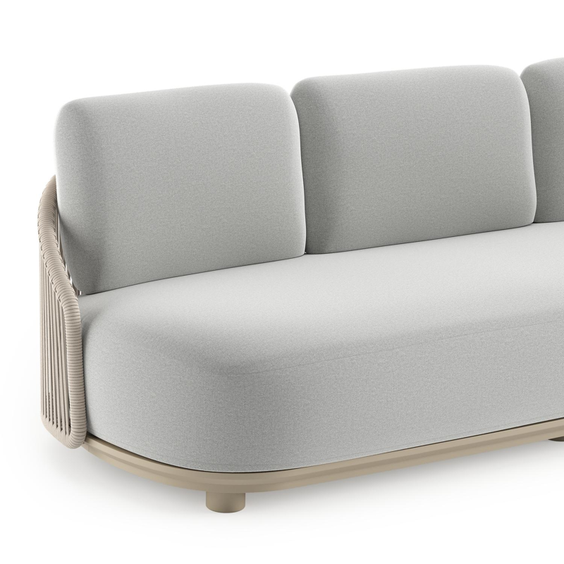 Salon de jardin Vadelo en aluminium beige et corde ronde tissée verticalement beige et coussins en all weather sunbrella® luxe natte grey chine