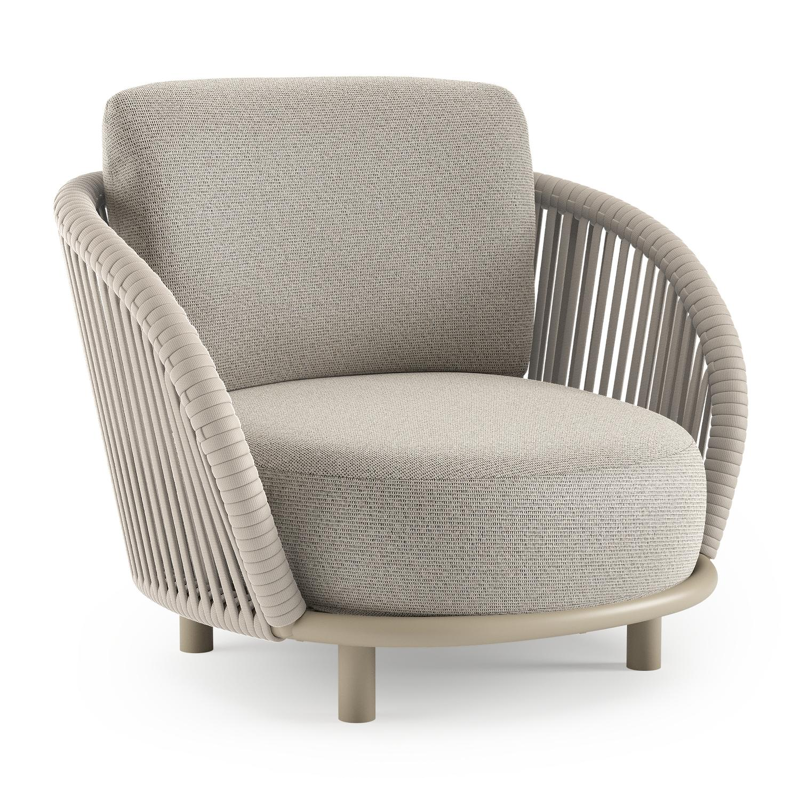 Lupino loungestoel in beige aluminium en beige verticaal geweven luxe vlakke brede rope met firenze sand all weather solica kussen