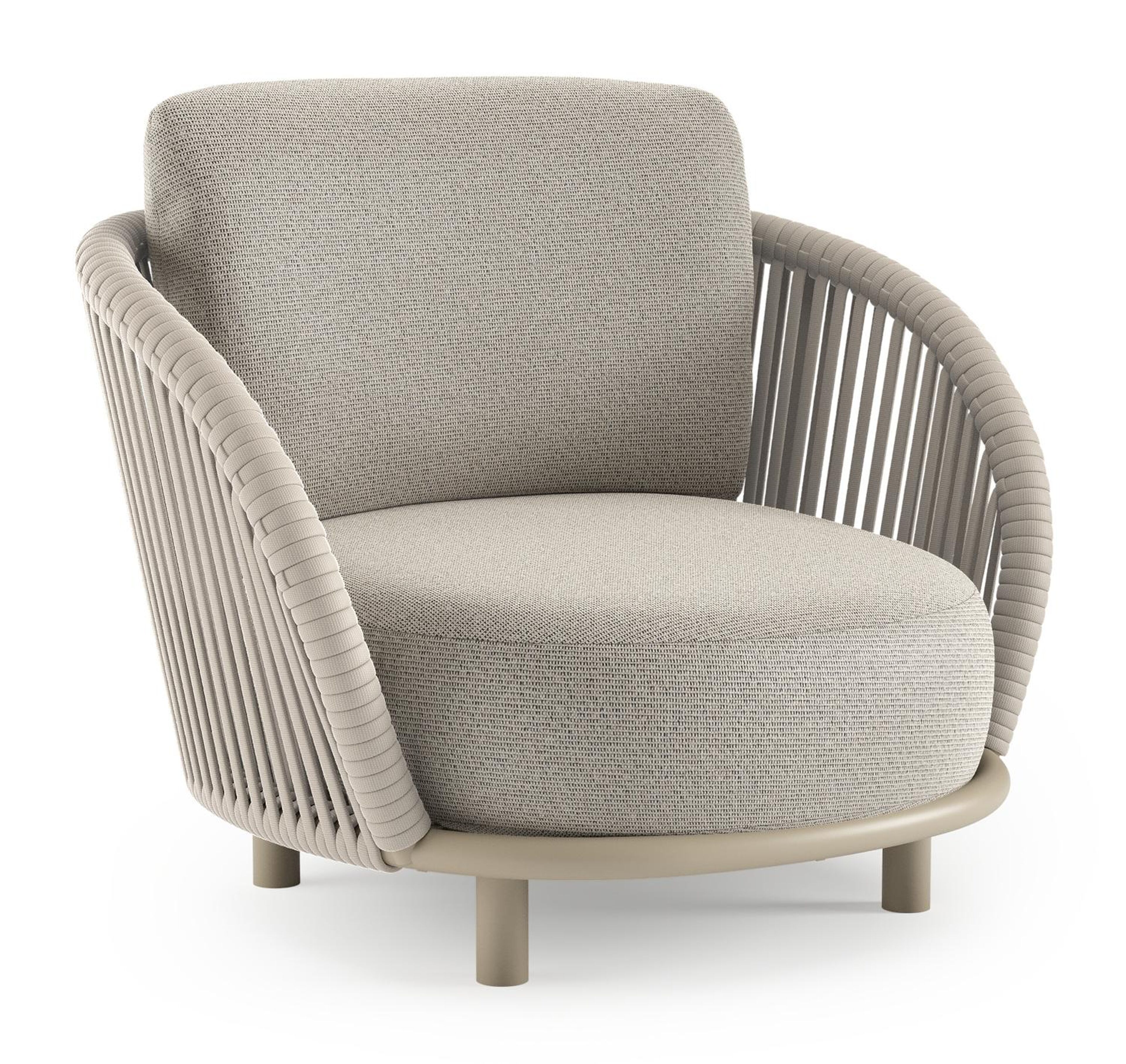 Lupino loungestoel in beige aluminium en beige verticaal geweven luxe vlakke brede rope met firenze sand all weather solica kussen