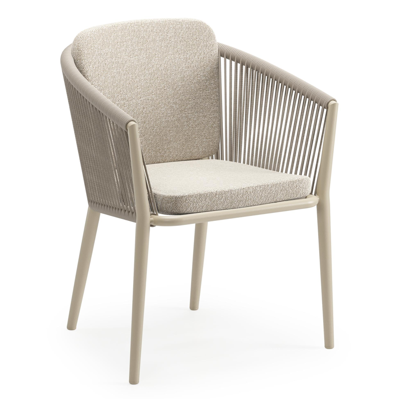 Orso tuinstoel in beige aluminium en beige verticaal geweven ronde rope met zitkussen in All Weather Cosytica Marbella Ecru