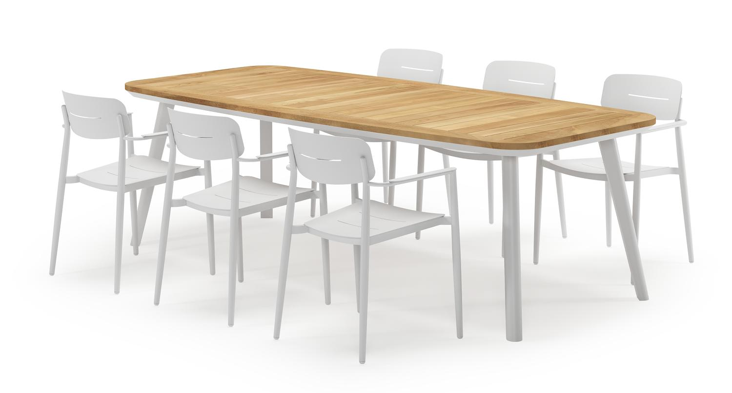 Mosa bootvormige tuinset in wit aluminium en teak natural finish met 6 Cosa tuinstoelen