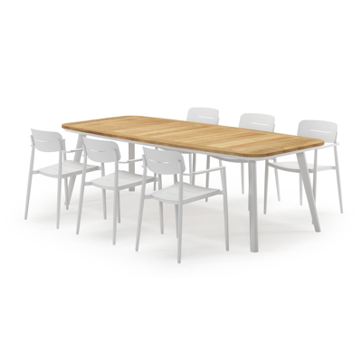 Mosa bootvormige tuinset in wit aluminium en teak natural finish met 6 Cosa tuinstoelen