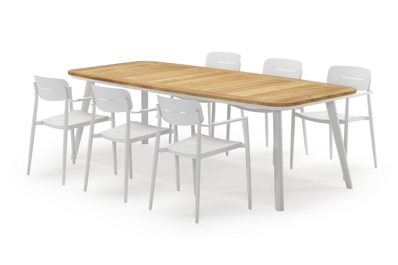 Mosa bootvormige tuinset in wit aluminium en teak natural finish met 6 Cosa tuinstoelen