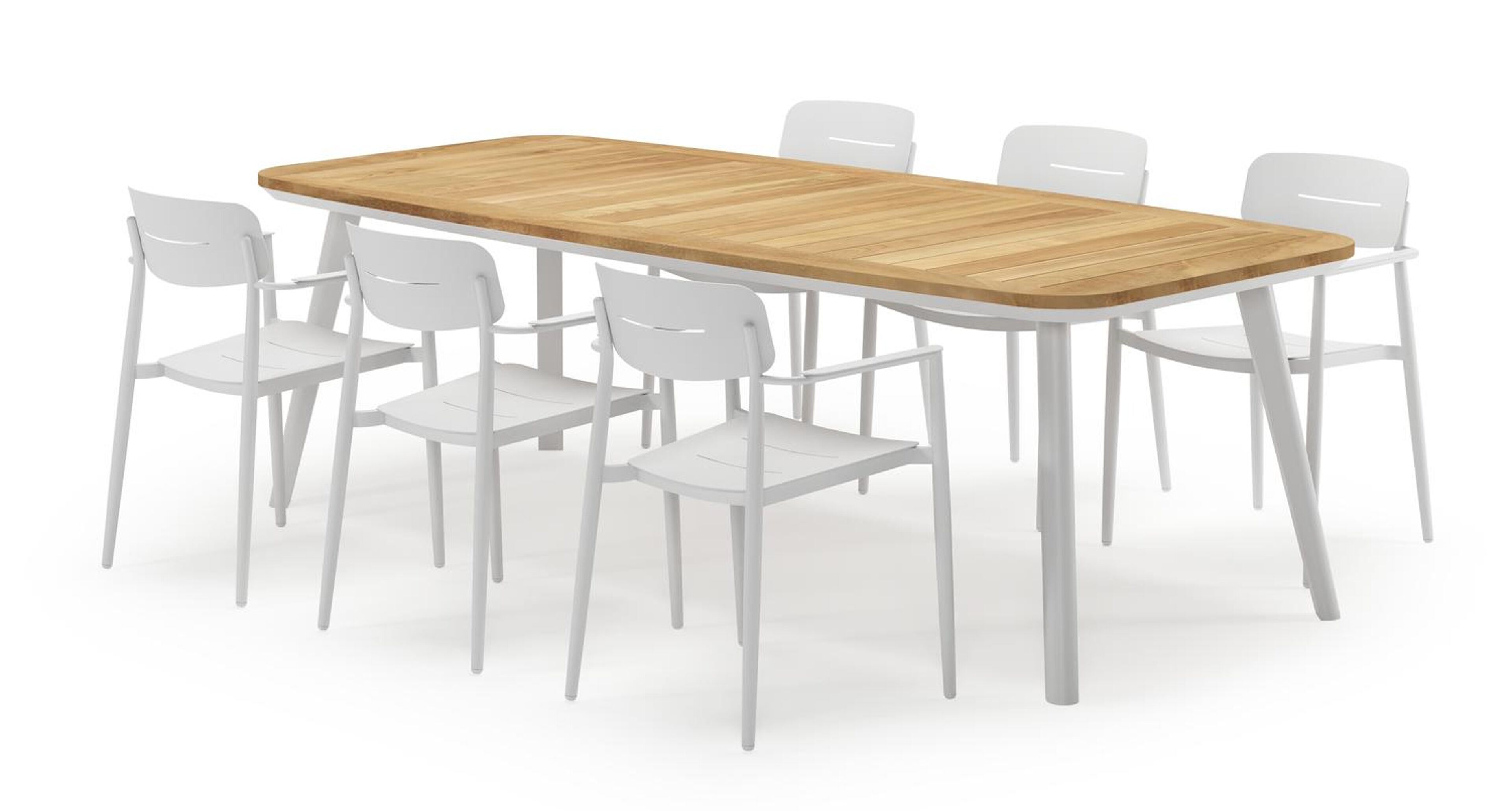 Mosa bootvormige tuinset in wit aluminium en teak natural finish met 6 Cosa tuinstoelen