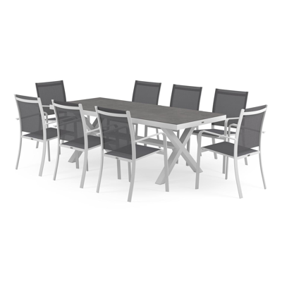 Reza tuinset in wit aluminium en grijs volkeramiek tafelblad met 8 stapelbare Calobra tuinstoelen