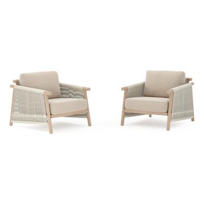 Set van 2 Erla loungestoelen in houtlook aluminium en beige verticaal geweven ronde rope met rustic weather+ softtouch kussens
