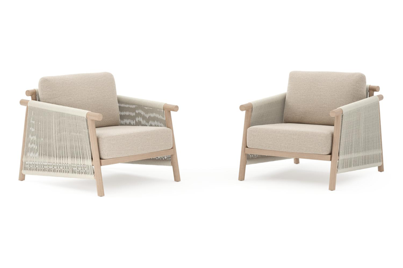 Set van 2 Erla loungestoelen in houtlook aluminium en beige verticaal geweven ronde rope met rustic weather+ softtouch kussens