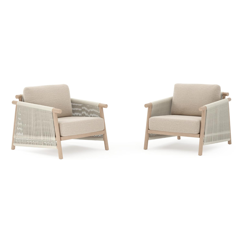 Set van 2 Erla loungestoelen in houtlook aluminium en beige verticaal geweven ronde rope met rustic weather+ softtouch kussens