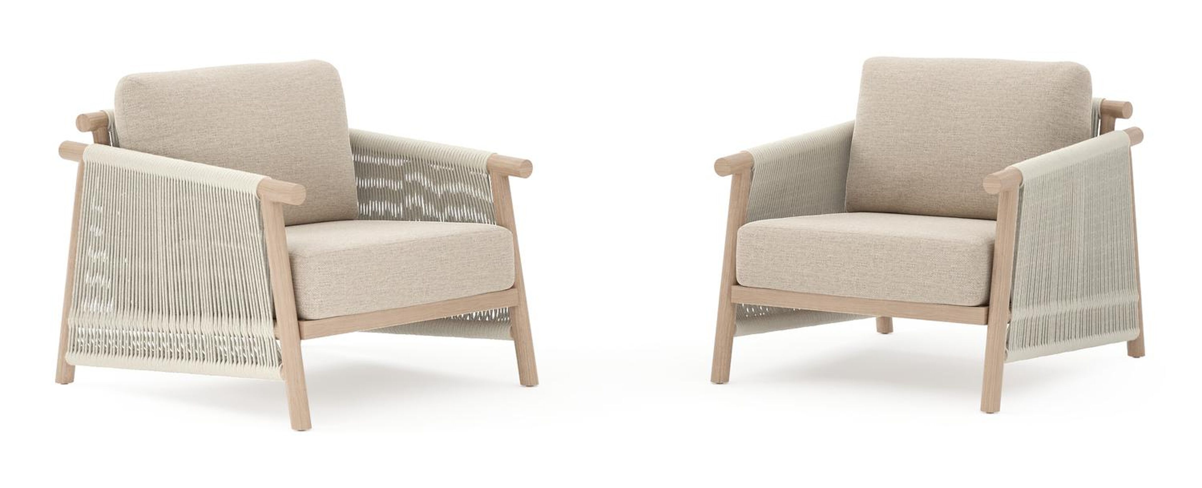 Set van 2 Erla loungestoelen in houtlook aluminium en beige verticaal geweven ronde rope met rustic weather+ softtouch kussens