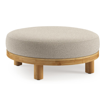 Donato lounge poef in teak en beige verticaal geweven ronde rope met all weather cosytica Catania Sand kussen