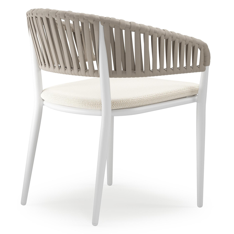 Tolfa stapelbare tuinstoel in wit aluminium en beige verticaal geweven luxe vlakke brede rope met stoelkussen in All Weather Cosytica Althea Off White