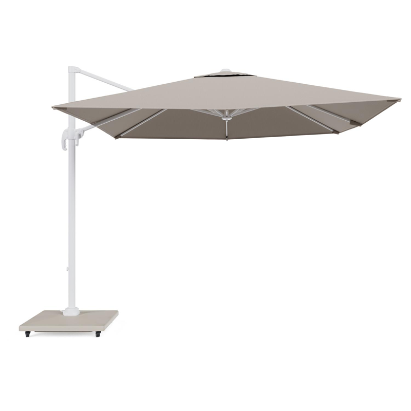 Calpe zweefparasol in wit aluminium en parasoldoek in Weather+ Softtouch Beige  - L1 270 x L2 270 cm met Calpe parasolvoet 70 kg met wielen