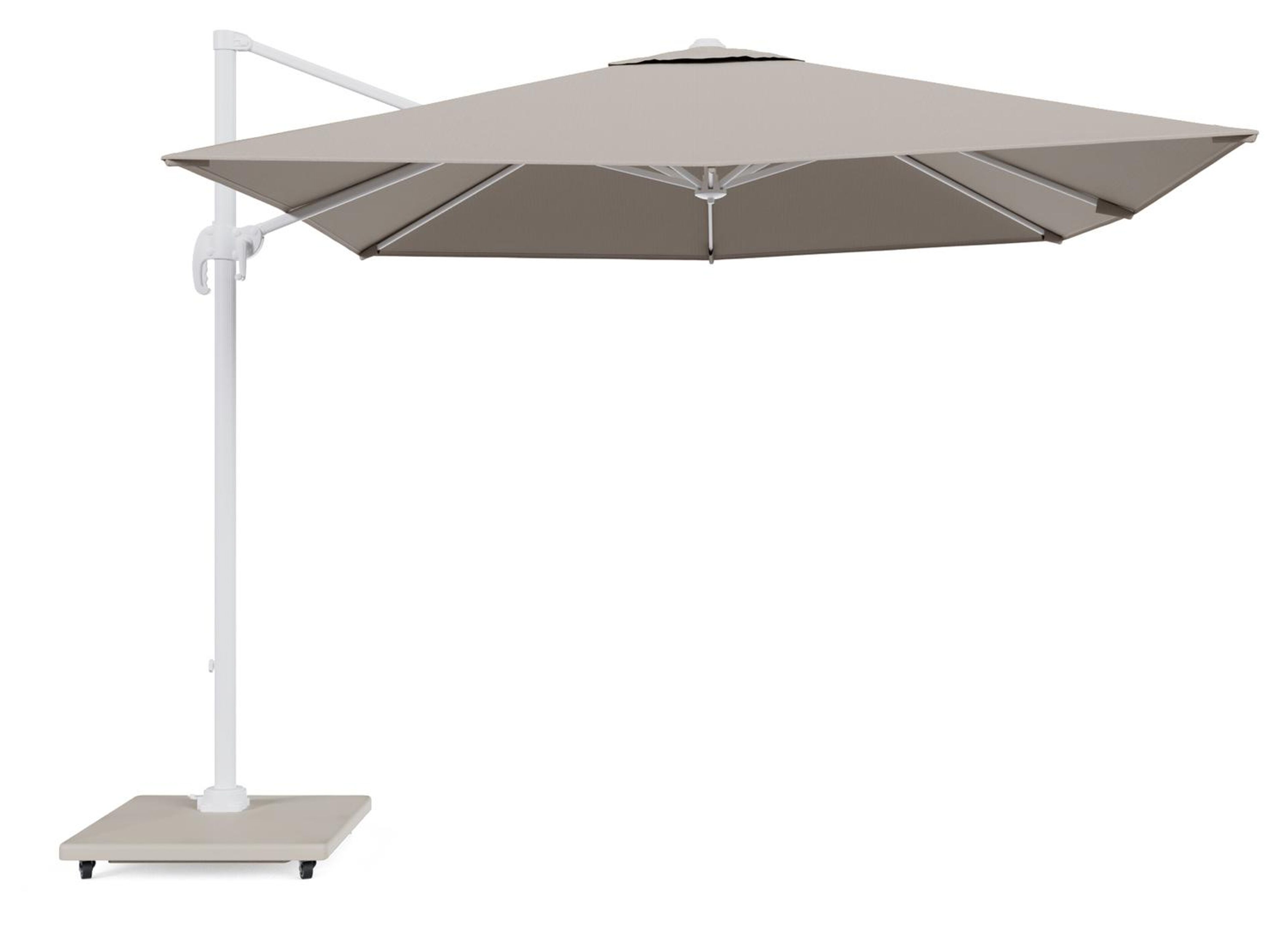 Calpe zweefparasol in wit aluminium en parasoldoek in Weather+ Softtouch Beige  - L1 270 x L2 270 cm met Calpe parasolvoet 70 kg met wielen