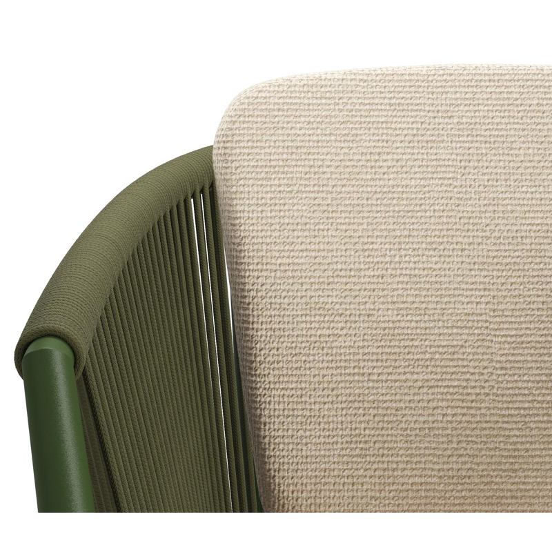 Orso tuinstoel in groen aluminium en groen verticaal geweven ronde rope met zitkussen in All Weather Cosytica Althea Chalk