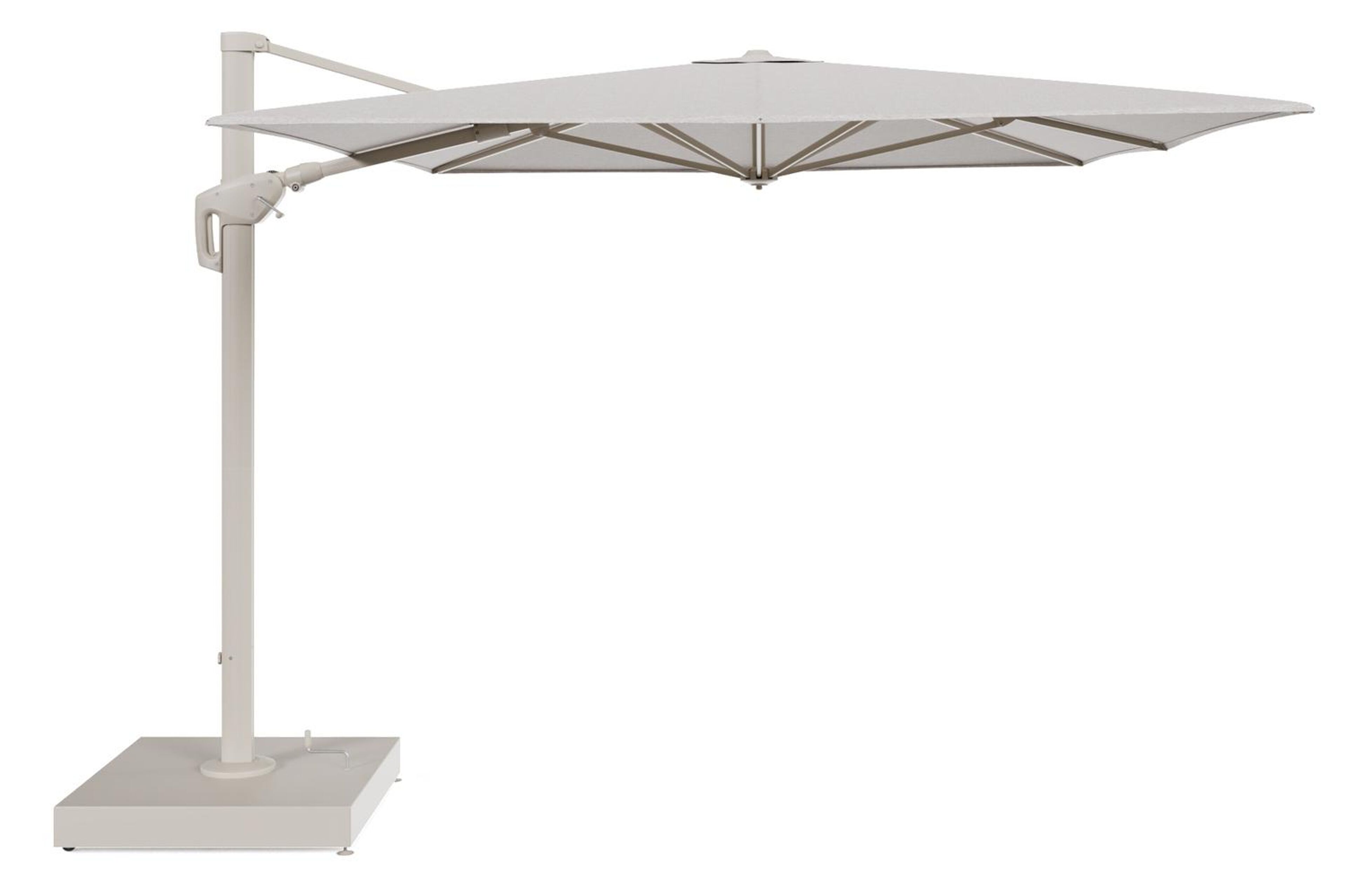Minore zweefparasol met tiltfunctie in beige aluminium en Tundra Sand All Weather Sunbrella® Luxe parasoldoek - L1 400 x L2 300 cm met parasolvoet Minore 260 kg met wielen