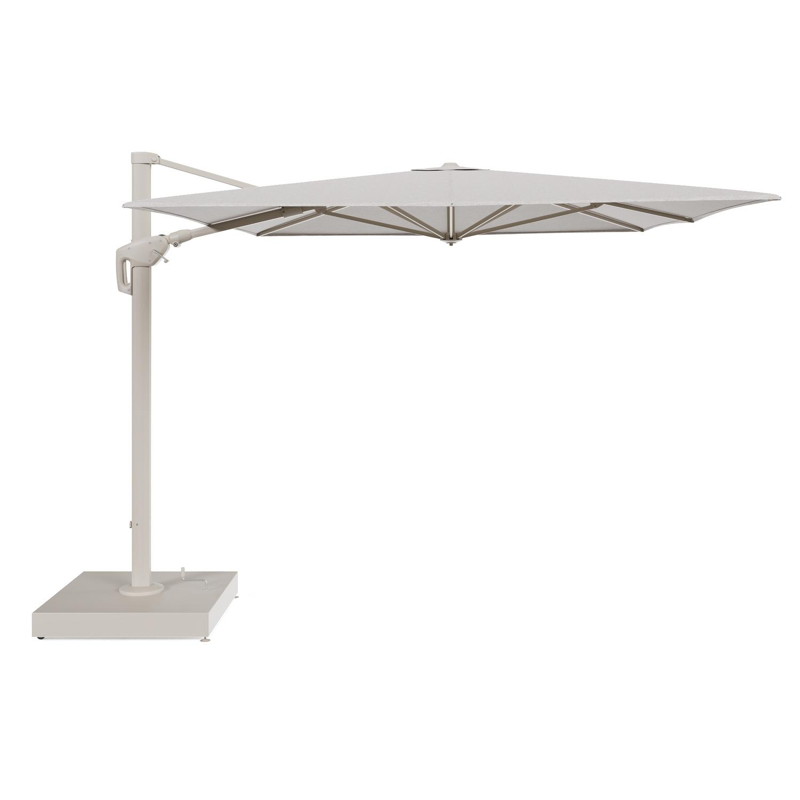 Minore zweefparasol met tiltfunctie in beige aluminium en Tundra Sand All Weather Sunbrella® Luxe parasoldoek - L1 400 x L2 300 cm met parasolvoet Minore 260 kg met wielen