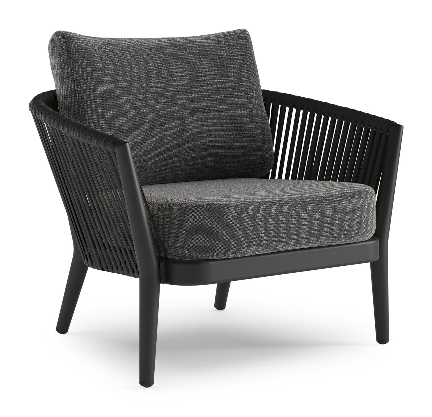 Orso loungestoel in zwart aluminium en zwart verticaal geweven ronde rope met Savane Tornado all weather sunbrella® luxe kussen