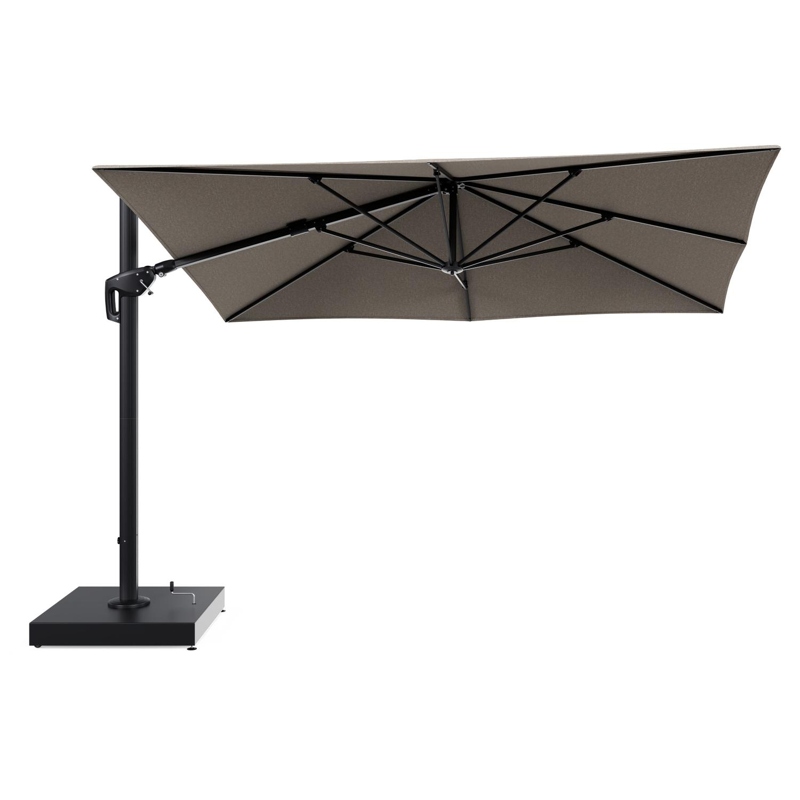 Parasol pendant Minore avec fonction tilt en aluminium noir et toile de parasol All Weather Sunbrella® Luxe Chartres Pewter - Lg.1: 280 x Lg.2: 370 cm avec pied de parasol Minore 260 kg avec roulettes