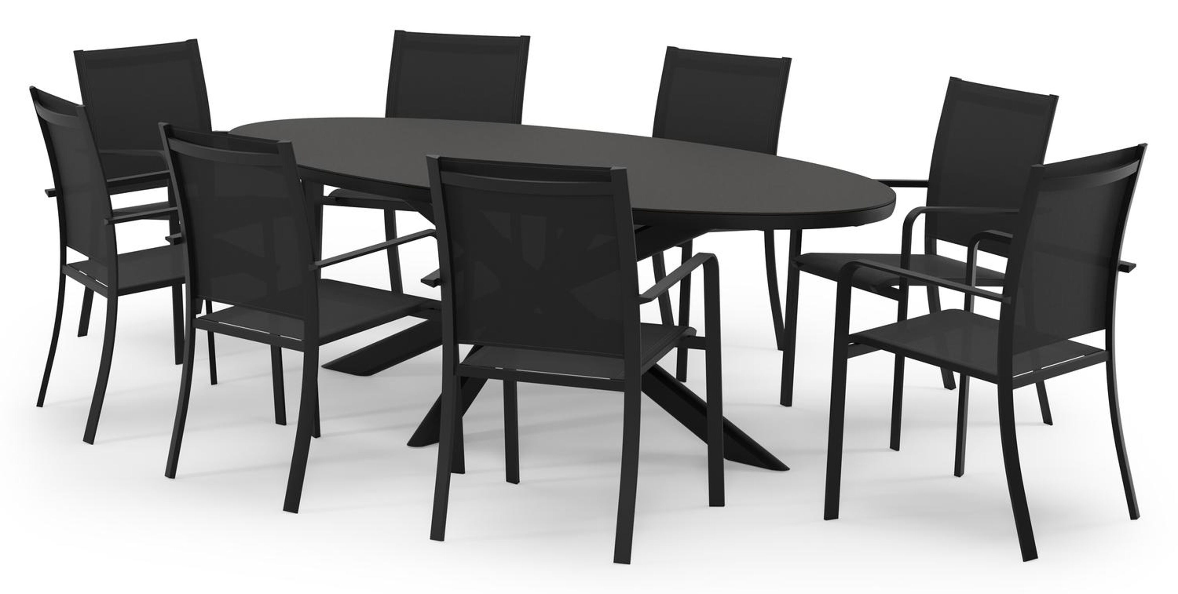 Pamplona ovale tuinset in zwart aluminium en sintered stone notte minerale met 8 Calobra tuinstoelen