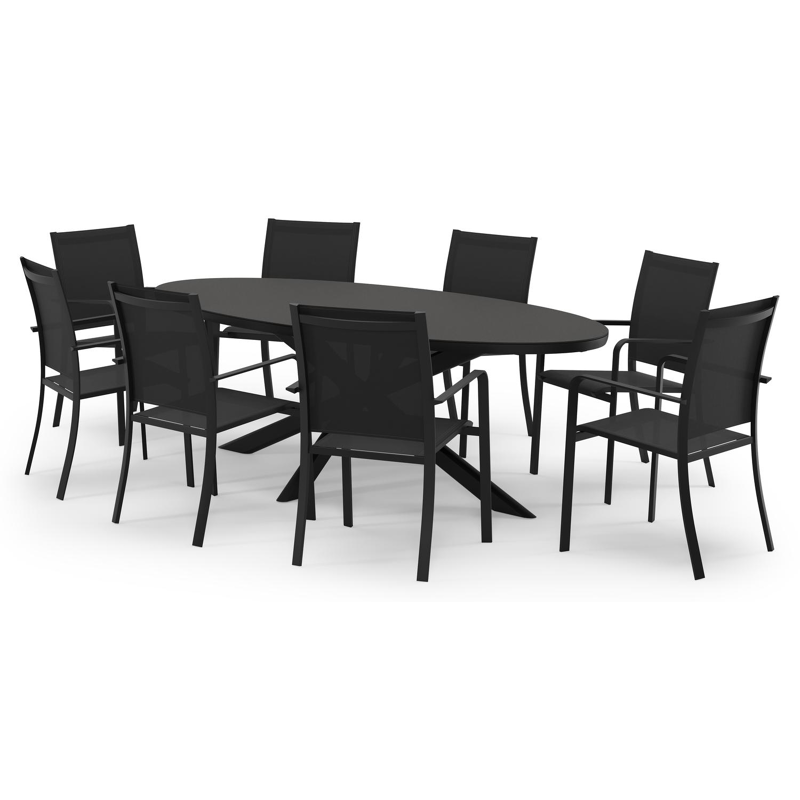 Pamplona ovale tuinset in zwart aluminium en sintered stone notte minerale met 8 Calobra tuinstoelen