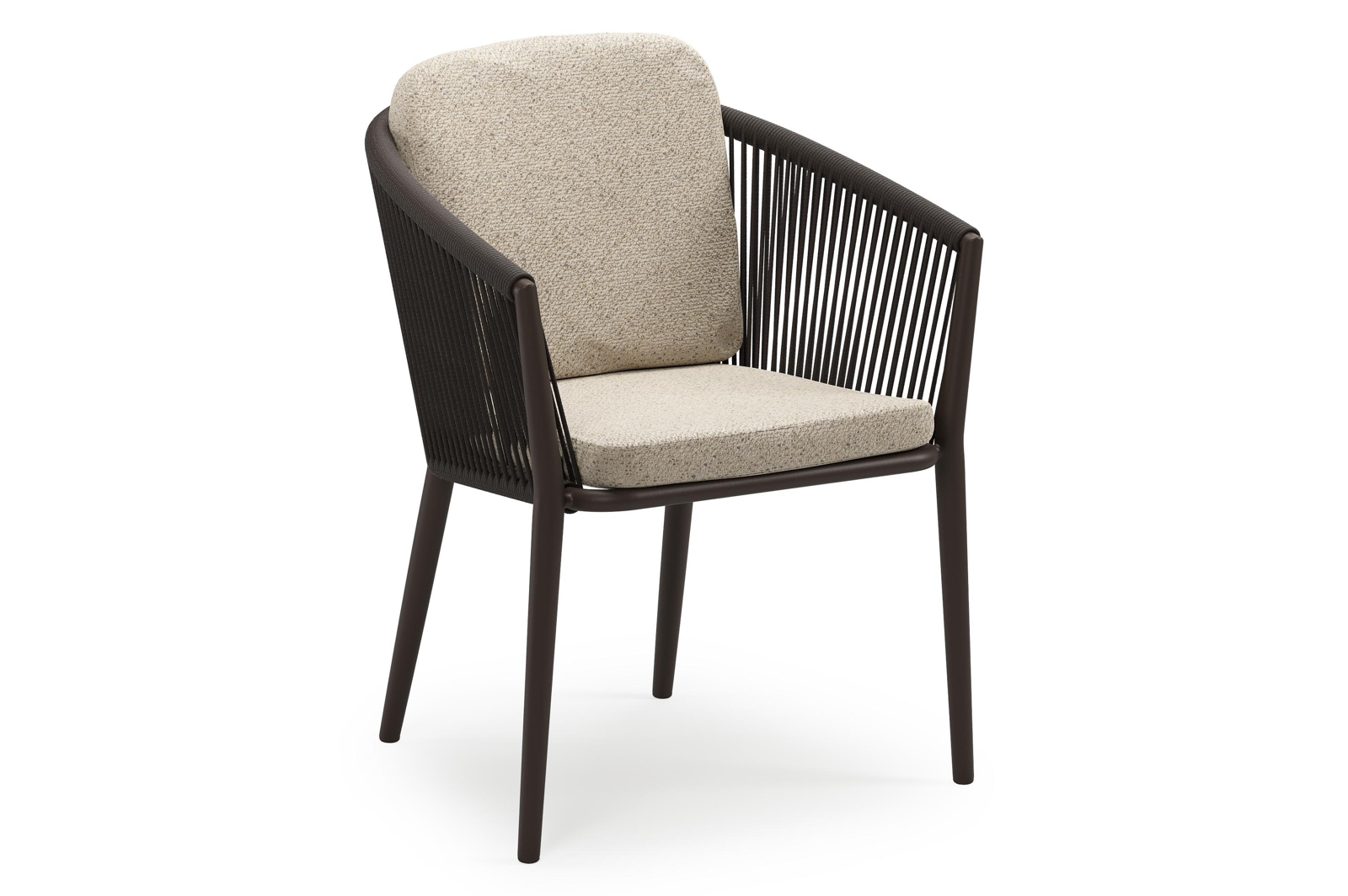 Orso stapelbare tuinstoel in donkerbruin aluminium en donkerbruin verticaal geweven ronde rope met stoelkussen in All Weather Cosytica Bora Desert