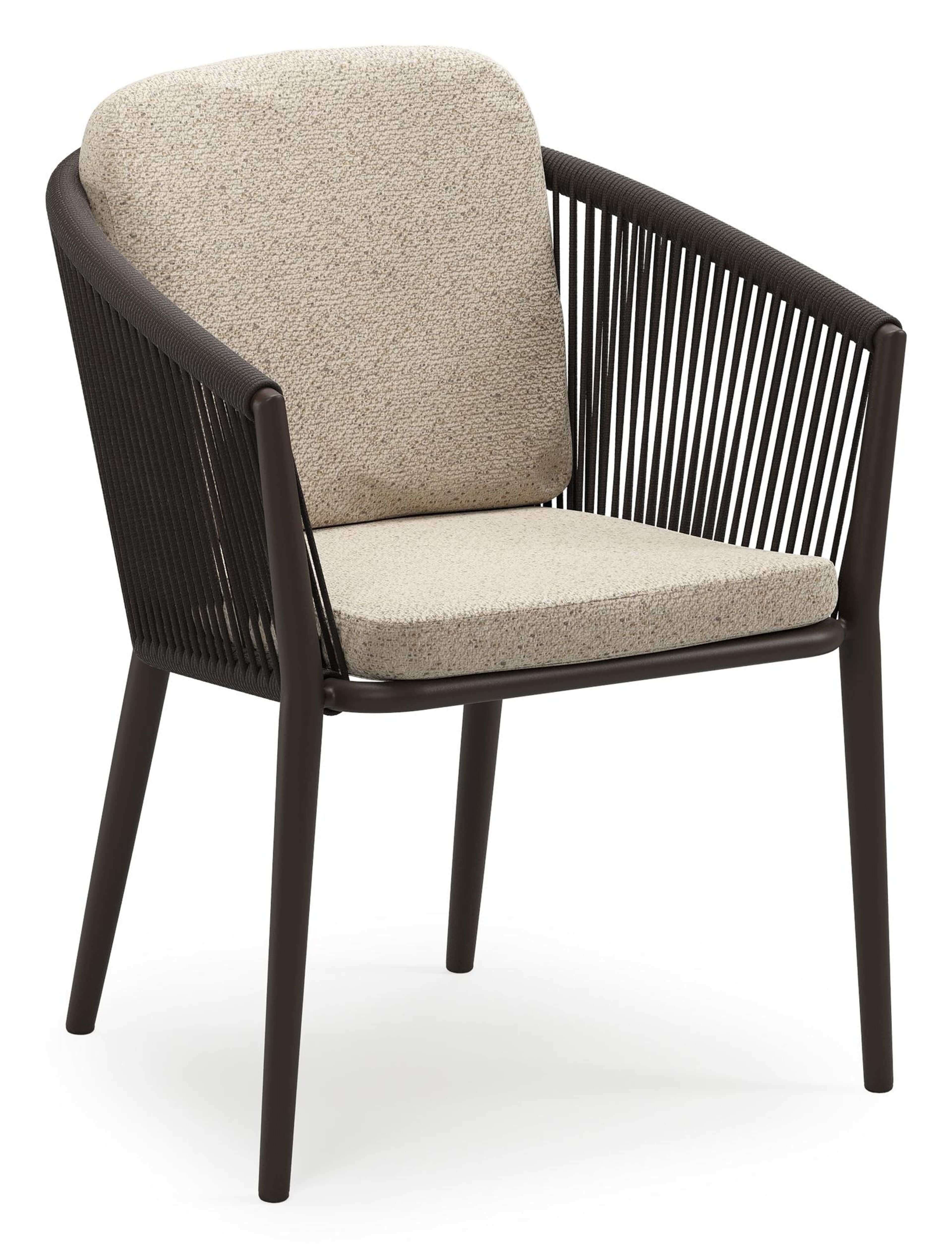 Chaise de jardin empilable Orso en aluminium brun foncé et corde ronde tissée verticalement brun foncé avec coussin en All Weather Cosytica Bora Desert