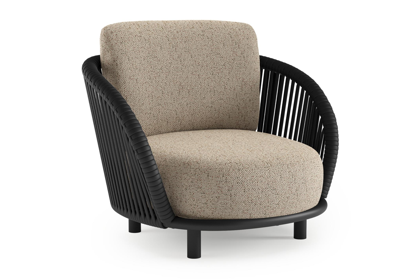 Lupino loungestoel in zwart aluminium en zwart verticaal geweven luxe vlakke brede rope met bora jungle all weather cosytica kussen