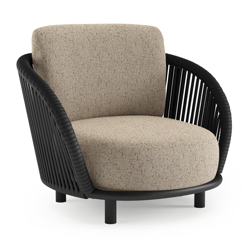 Lupino loungestoel in zwart aluminium en zwart verticaal geweven luxe vlakke brede rope met bora jungle all weather cosytica kussen