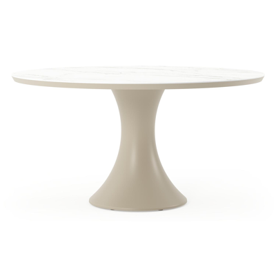 Table de jardin Fano ronde en aluminium beige et céramique pleine Calacatta - Diam. 148 x Haut. 75 cm