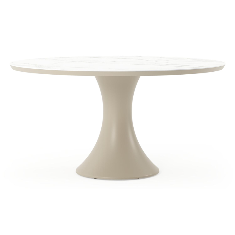 Table de jardin Fano ronde en aluminium beige et céramique pleine Calacatta - Diam. 148 x Haut. 75 cm
