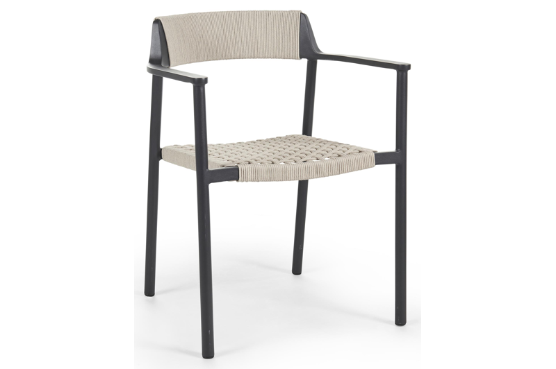 Fiordo tuinstoel in zwart aluminium en beige vierkant geweven ronde rope 