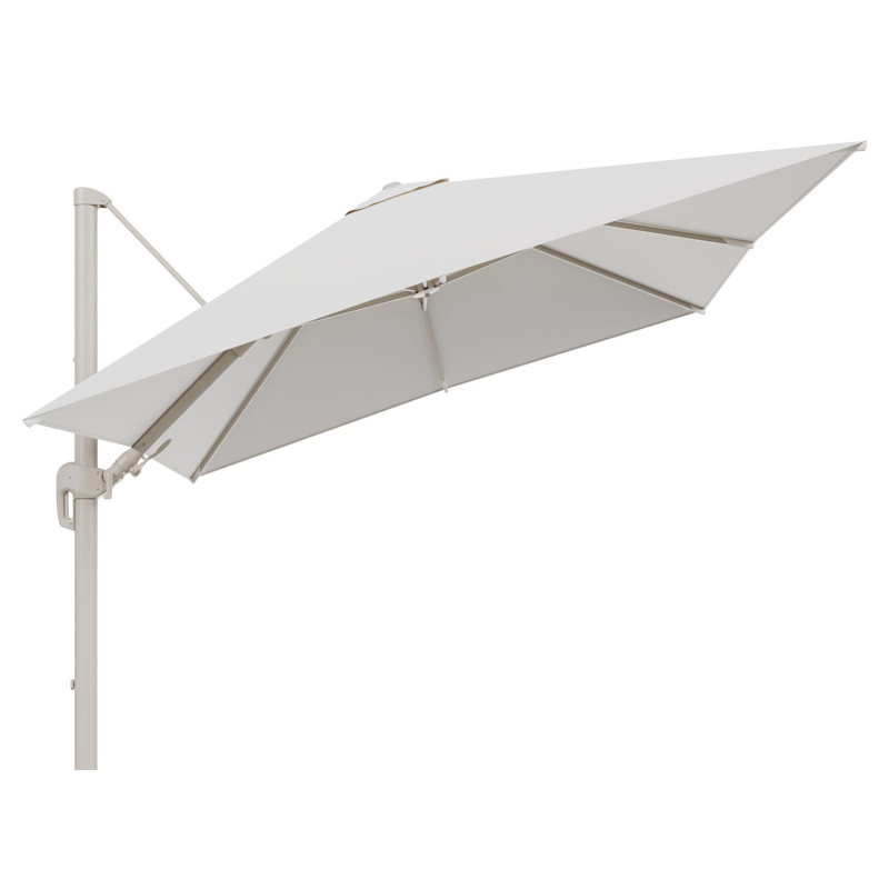 Rufina zweefparasol tiltfunctie in beige aluminium en parasoldoek in All Weather Sunbrella® Luxe Savane White - L1 300 x L2 300 cm (zonder voet)
