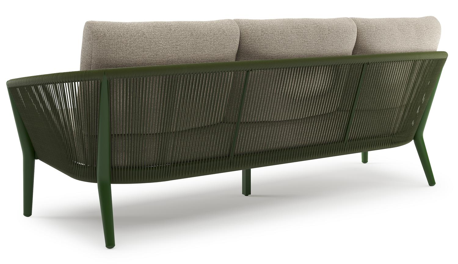 Orso loungebank in groen aluminium en groen verticaal geweven ronde rope met Catania Beige all weather cosytica kussen