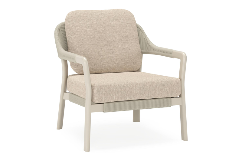 Tamariu loungestoel in beige aluminium en beige verticaal geweven ronde rope met rustic weather+ softtouch kussen