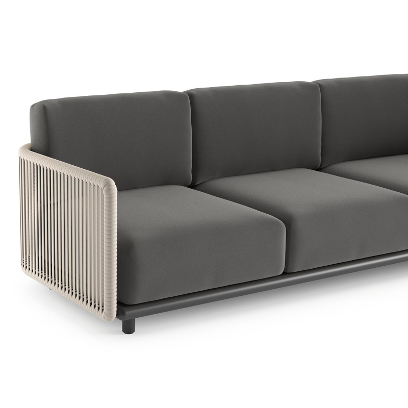 Organo loungehoek in zwart aluminium en beige verticaal geweven luxe vlakke rope met natte charcoal chine all weather Sunbrella® luxe kussen