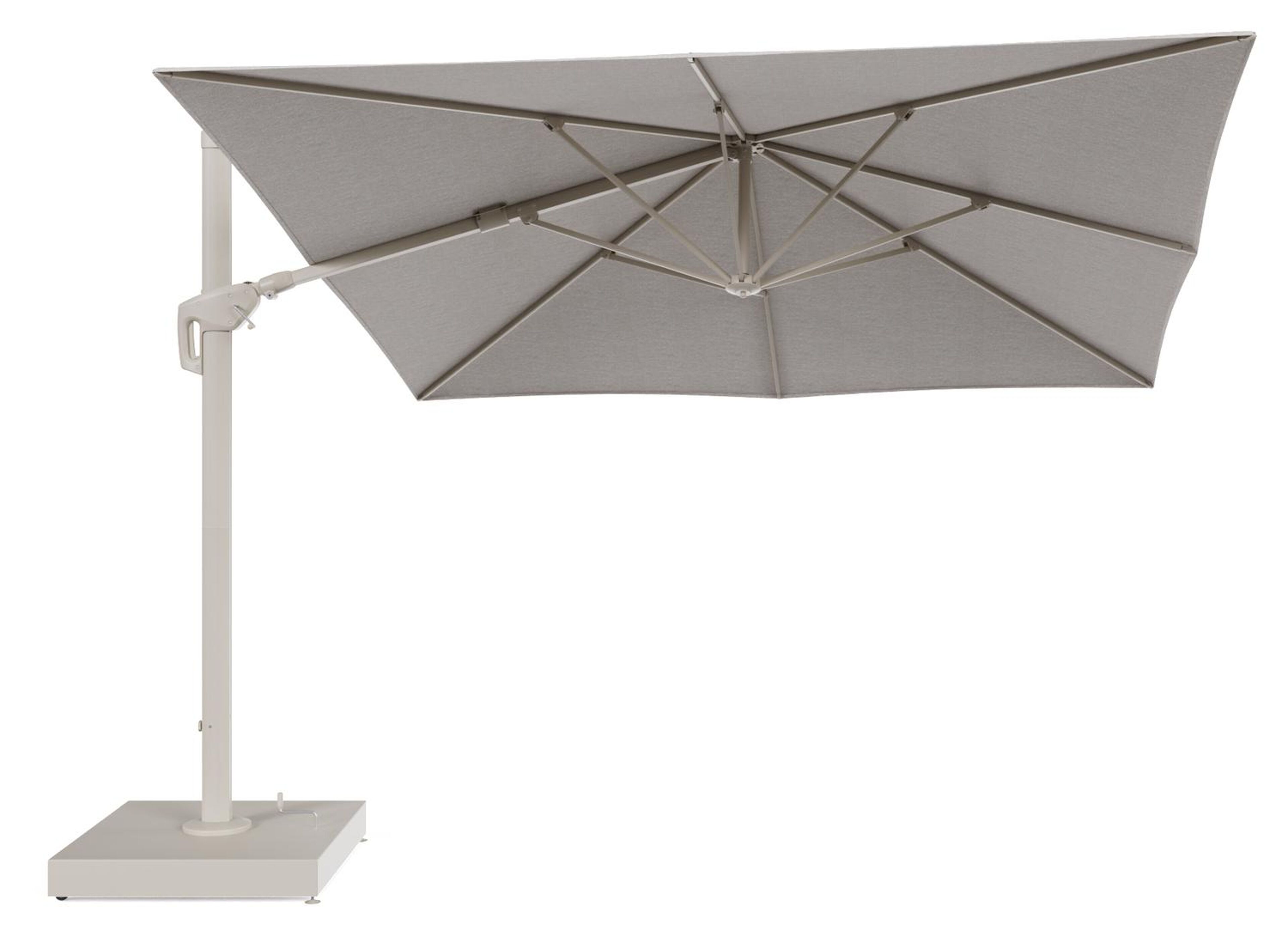 Minore zweefparasol met tiltfunctie in beige aluminium en Tundra Sand All Weather Sunbrella® Luxe parasoldoek - L1 350 x L2 350 cm met parasolvoet Minore 260 kg met wielen