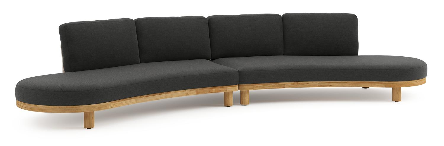 Canapé de jardin Donato en teck et corde ronde tissée verticalement beige et coussins en all weather sunbrella® luxe Chartres Sooty