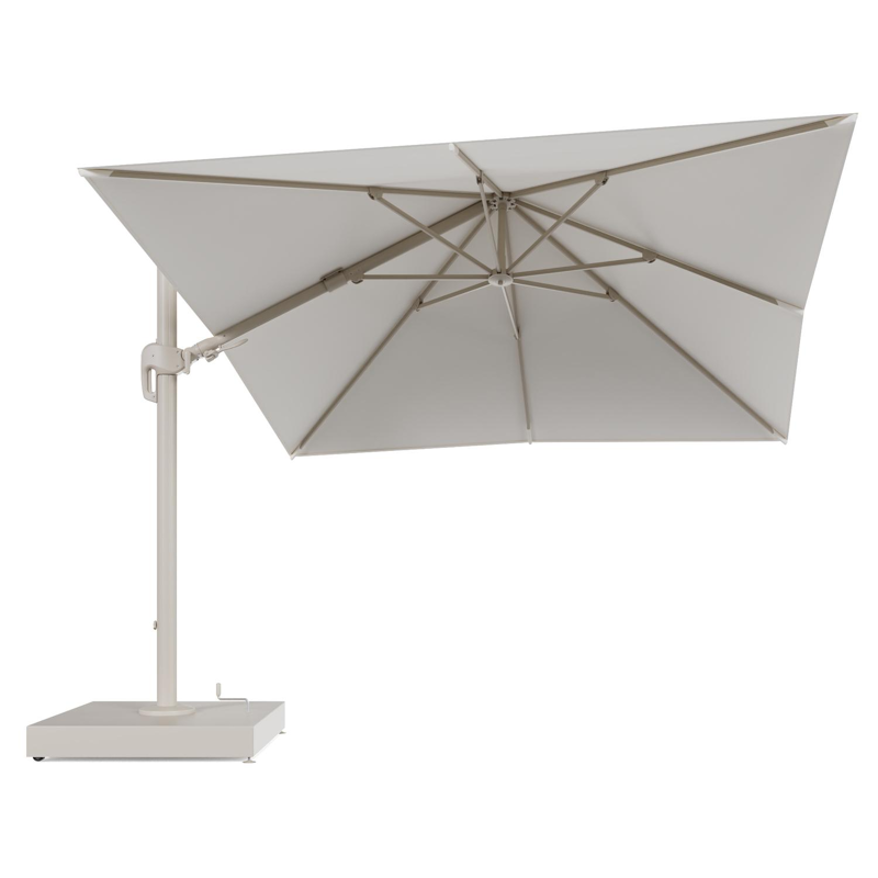 Rufina zweefparasol met tiltfunctie in beige aluminium en Natte White All Weather Sunbrella® Luxe parasoldoek - L1 300 x L2 300 cm met parasolvoet Minore 260 kg met wielen