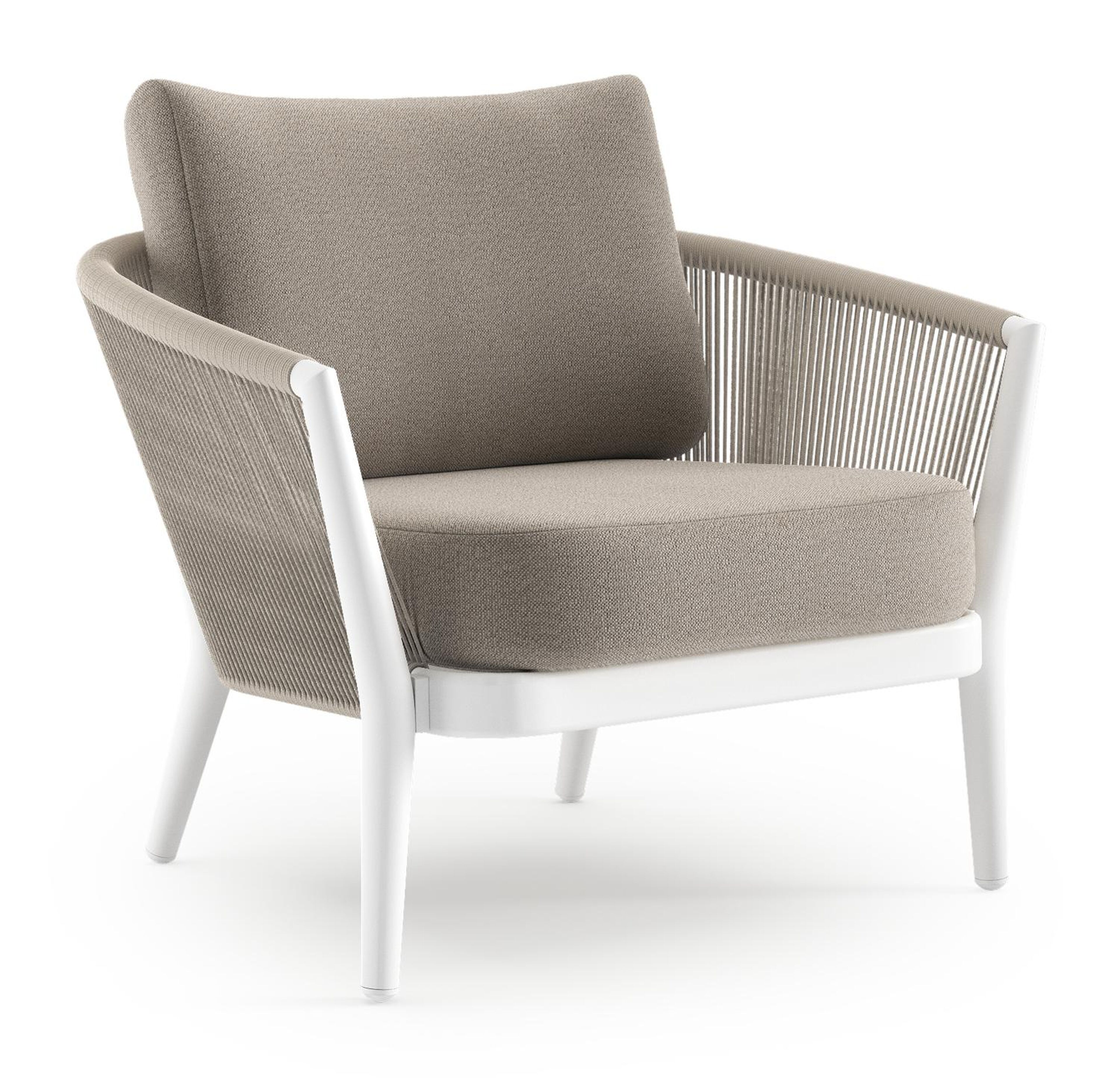 Orso loungestoel in wit aluminium en beige verticaal geweven ronde rope met Savane Coconut all weather sunbrella® luxe kussen