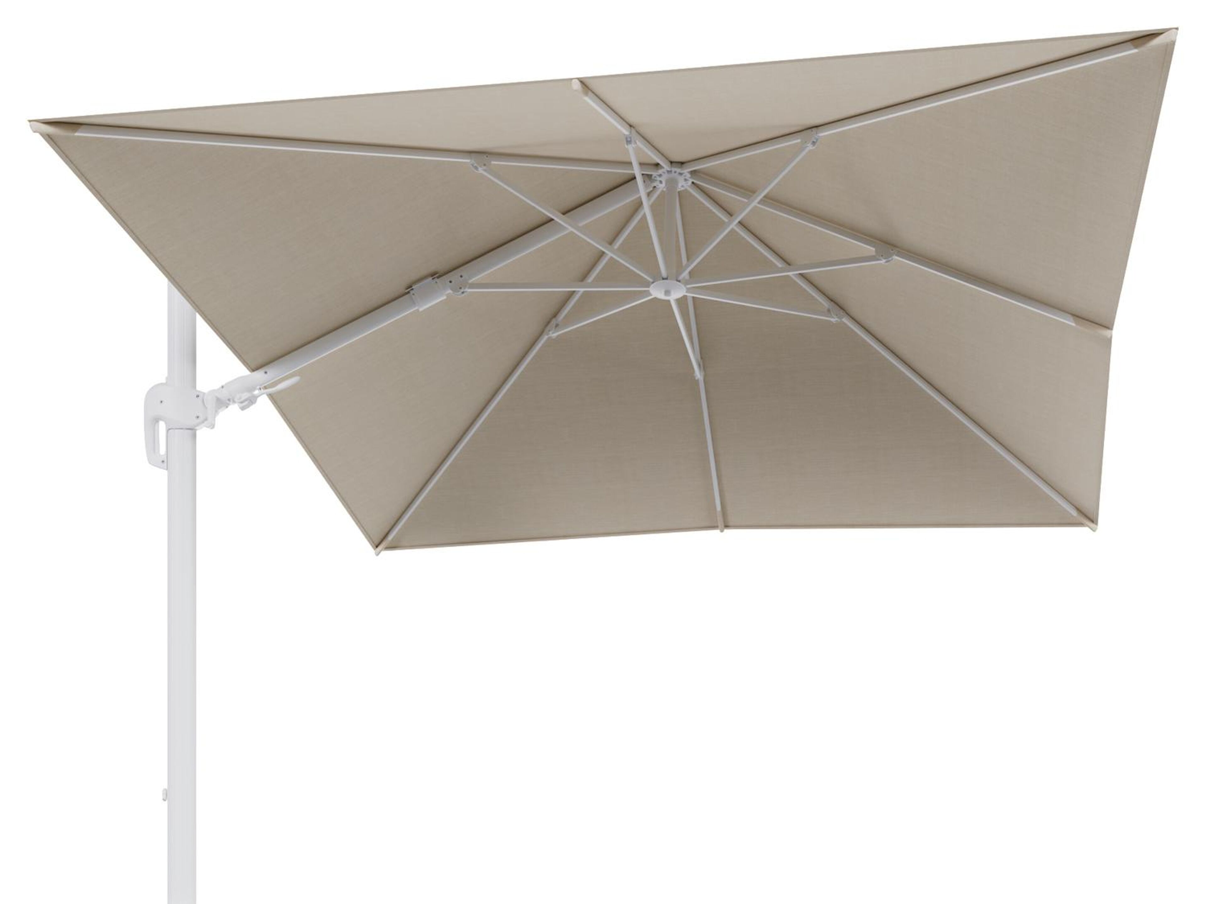 Rufina zweefparasol met tiltfunctie in wit aluminium met beige all weather sunbrella® premium parasoldoek - L1 300 x L2 300 cm (zonder voet)