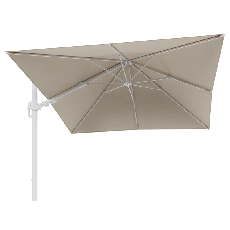 Rufina zweefparasol met tiltfunctie in wit aluminium met beige all weather sunbrella® premium parasoldoek - L1 300 x L2 300 cm (zonder voet)
