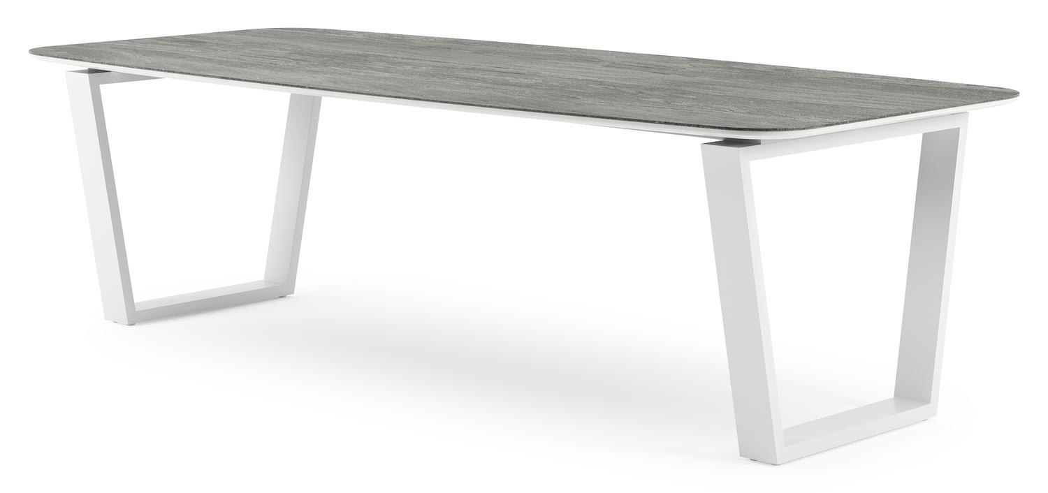 Table de jardin Pagino forme de bateau en aluminium blanc et céramique pleine Aspen Grey - Lg. 255 x Lrg. 115 x Haut. 73 cm