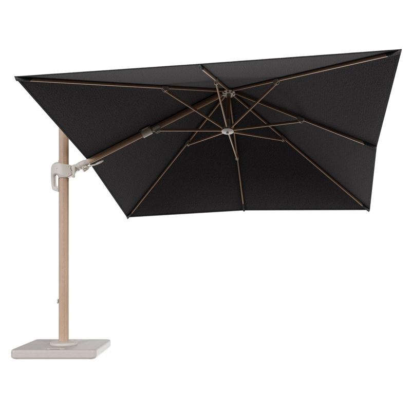Parasol pendant Rufina avec fonction tilt en aluminium aspect de bois et toile de parasol en All Weather Solica Firenze Tunder - Lg.1 300 x Lg.2 300 cm avec pied de parasol Lapido 120 kg