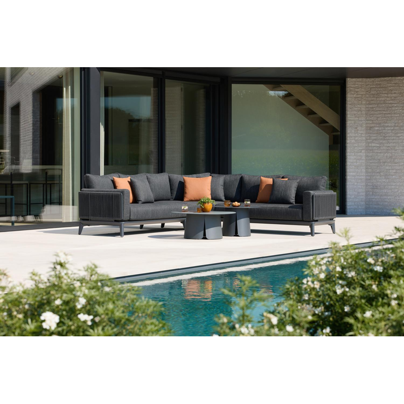 Mosa loungehoek in zwart aluminium en zwart gedraaide ronde wicker met sky black weather+ softtouch kussens
